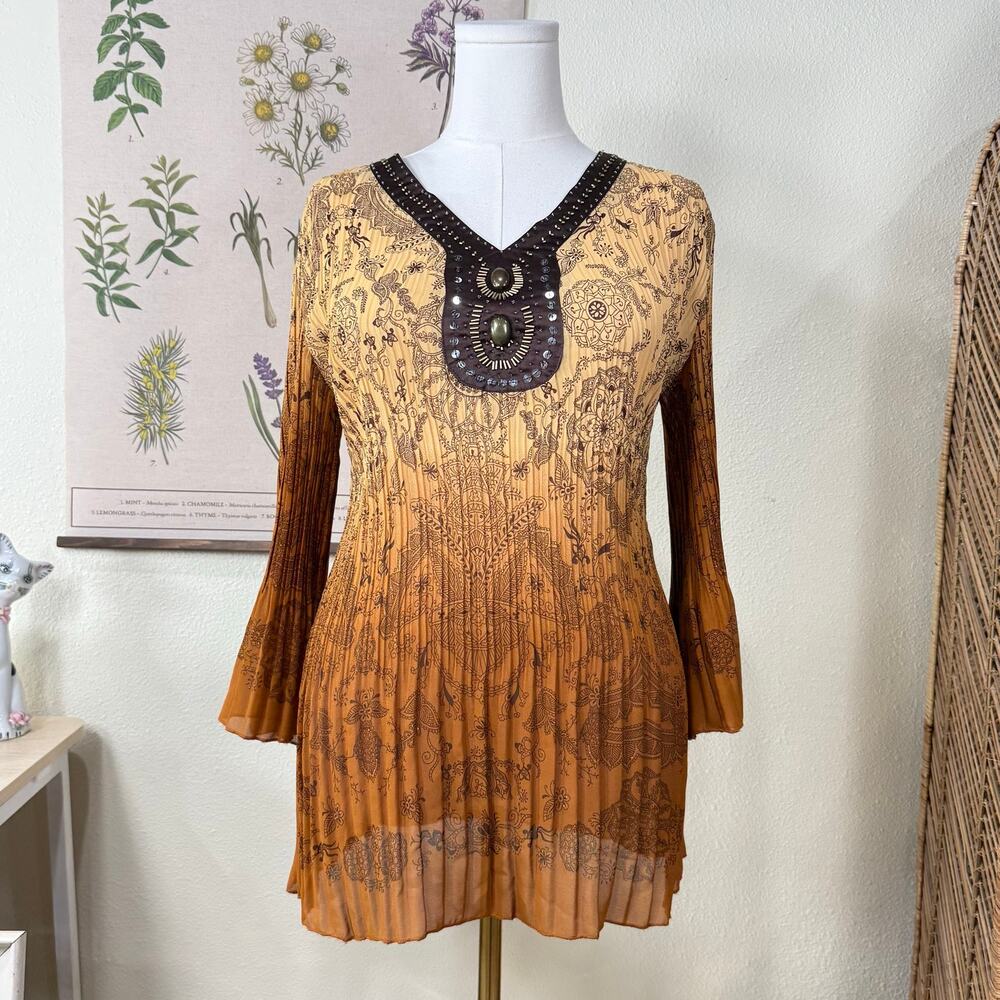 Y2k Beaded Flare Sleeve Pleated Tunic Top Fairy Grunge Whimsy Boho Hippie M L